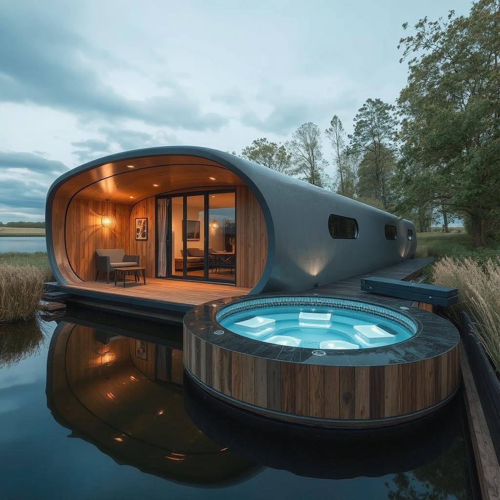 Oblong style holiday lodge with hot tub out front on water