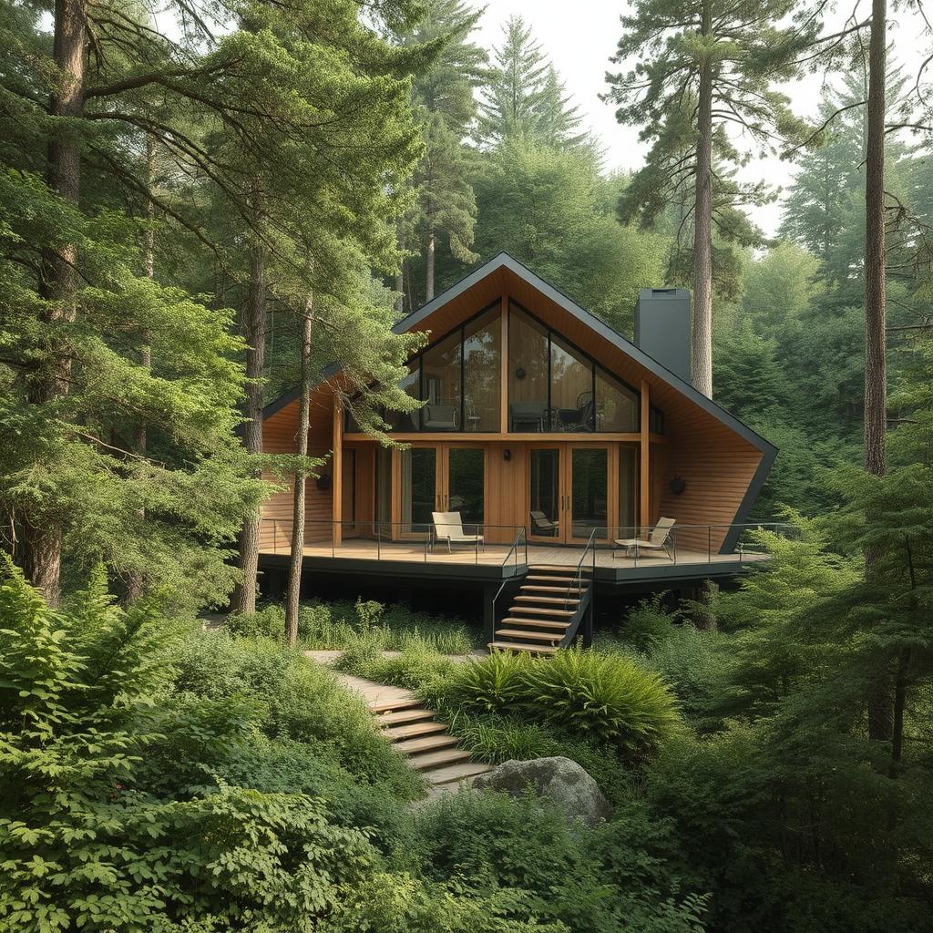 Front of Pentagon shape holiday lodge in a remote forest