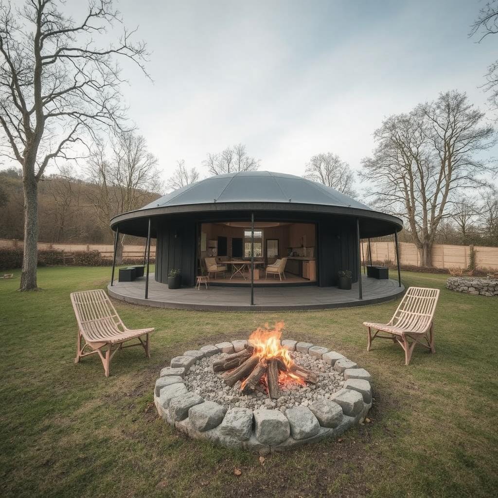 Circular style holiday lodge with fire pit out front and 2 deck chairs