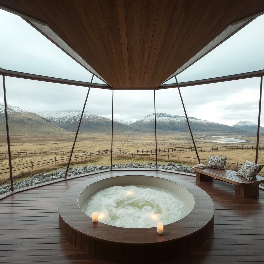 Inside circular holiday lodge with hot tub looking out of glass fronted walls